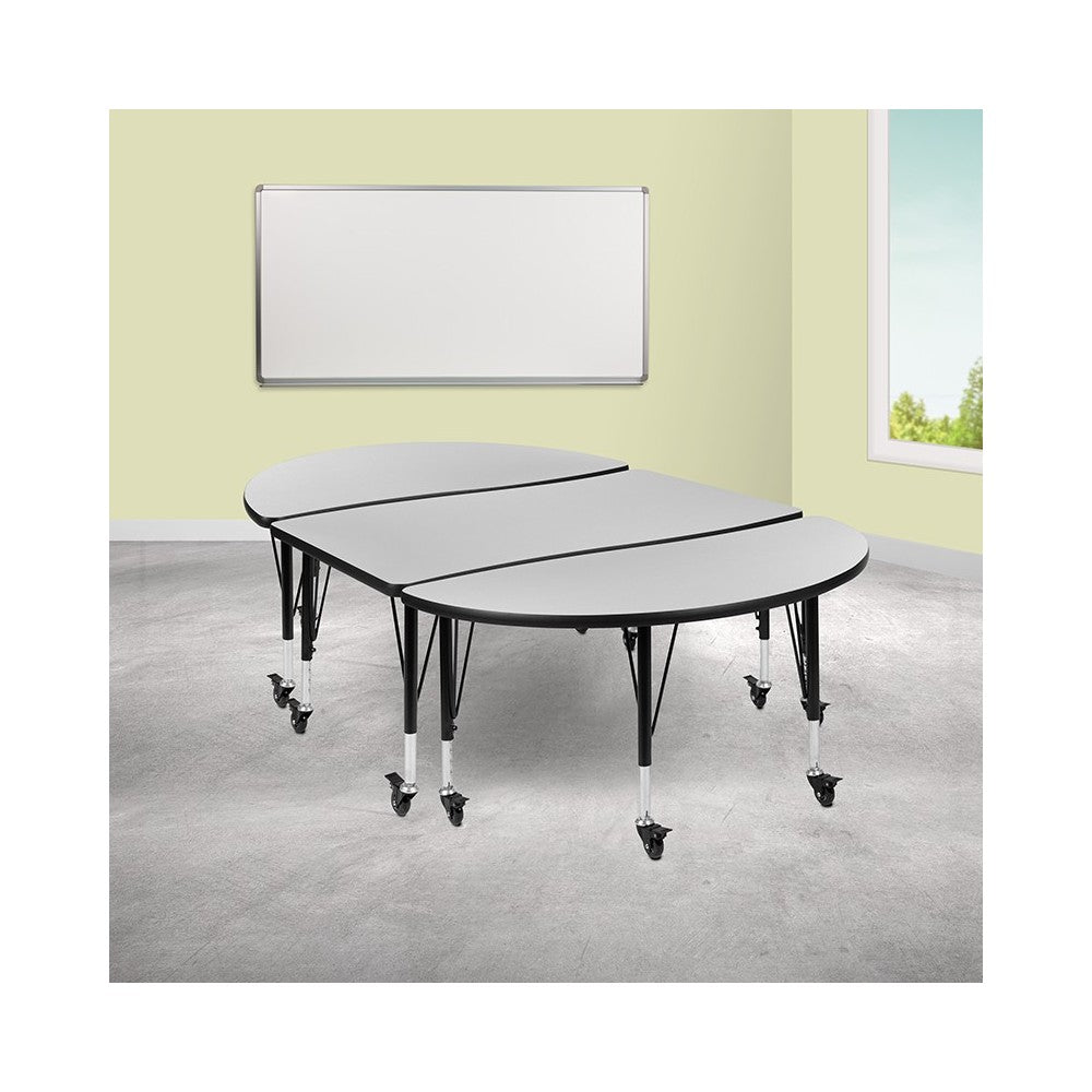 3 Piece Mobile 76" Oval Wave Collaborative Gray Thermal Laminate Activity Table Set - Height Adjustable Short Legs