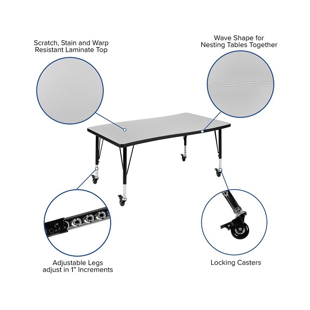 3 Piece Mobile 76" Oval Wave Collaborative Gray Thermal Laminate Activity Table Set - Height Adjustable Short Legs