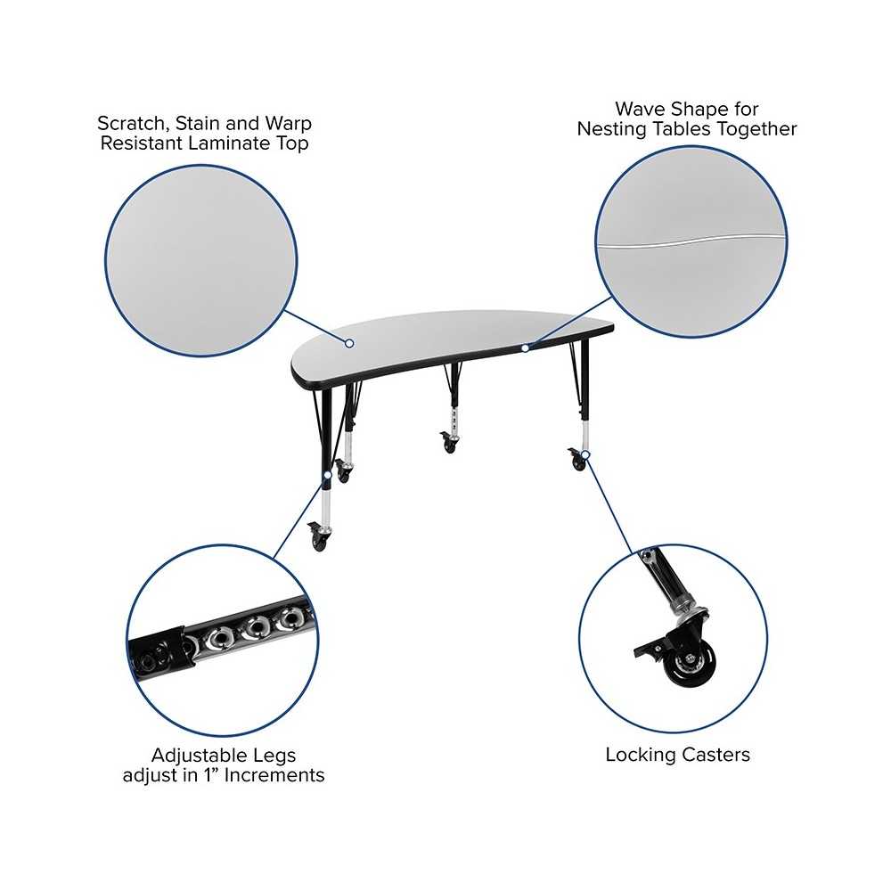 3 Piece Mobile 76" Oval Wave Collaborative Gray Thermal Laminate Activity Table Set - Height Adjustable Short Legs
