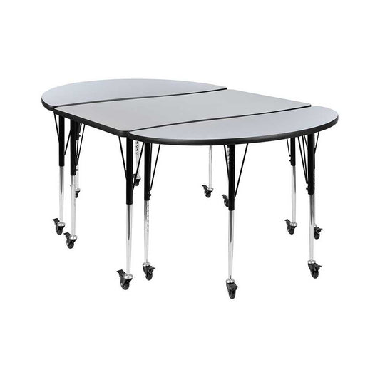 3 Piece Mobile 76" Oval Wave Collaborative Gray Thermal Laminate Activity Table Set-Standard Height Adjustable Legs