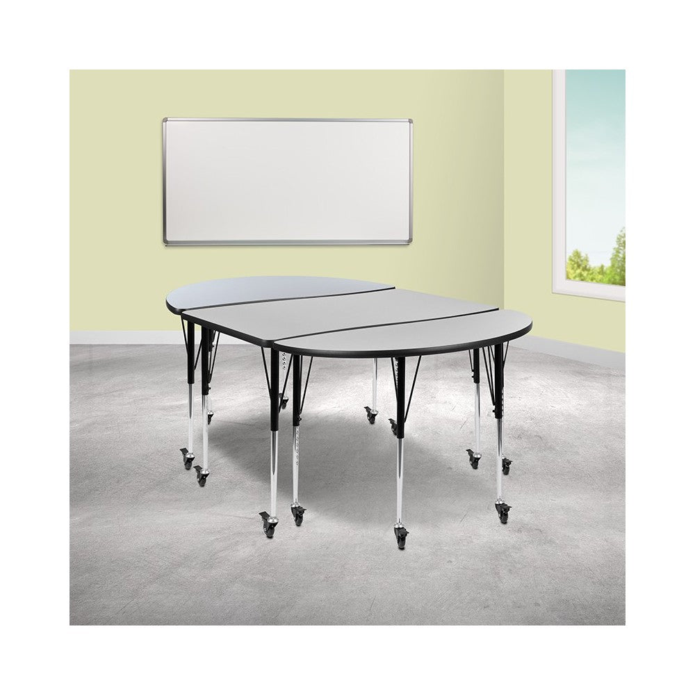 3 Piece Mobile 76" Oval Wave Collaborative Gray Thermal Laminate Activity Table Set-Standard Height Adjustable Legs