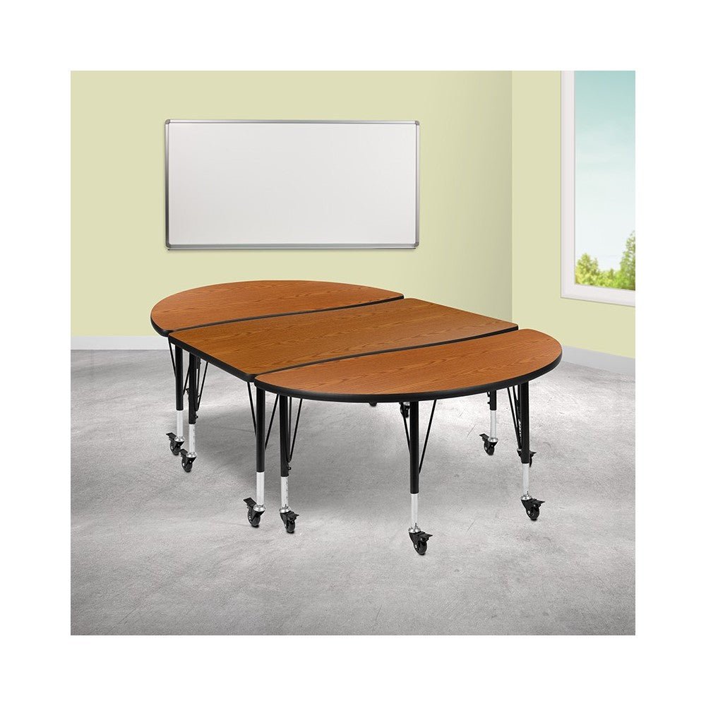 3 Piece Mobile 76" Oval Wave Collaborative Oak Thermal Laminate Activity Table Set - Height Adjustable Short Legs