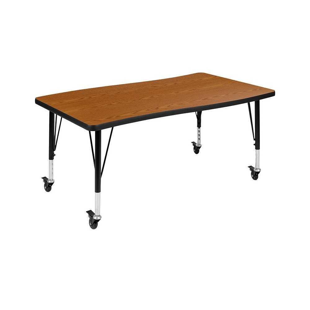 3 Piece Mobile 76" Oval Wave Collaborative Oak Thermal Laminate Activity Table Set - Height Adjustable Short Legs