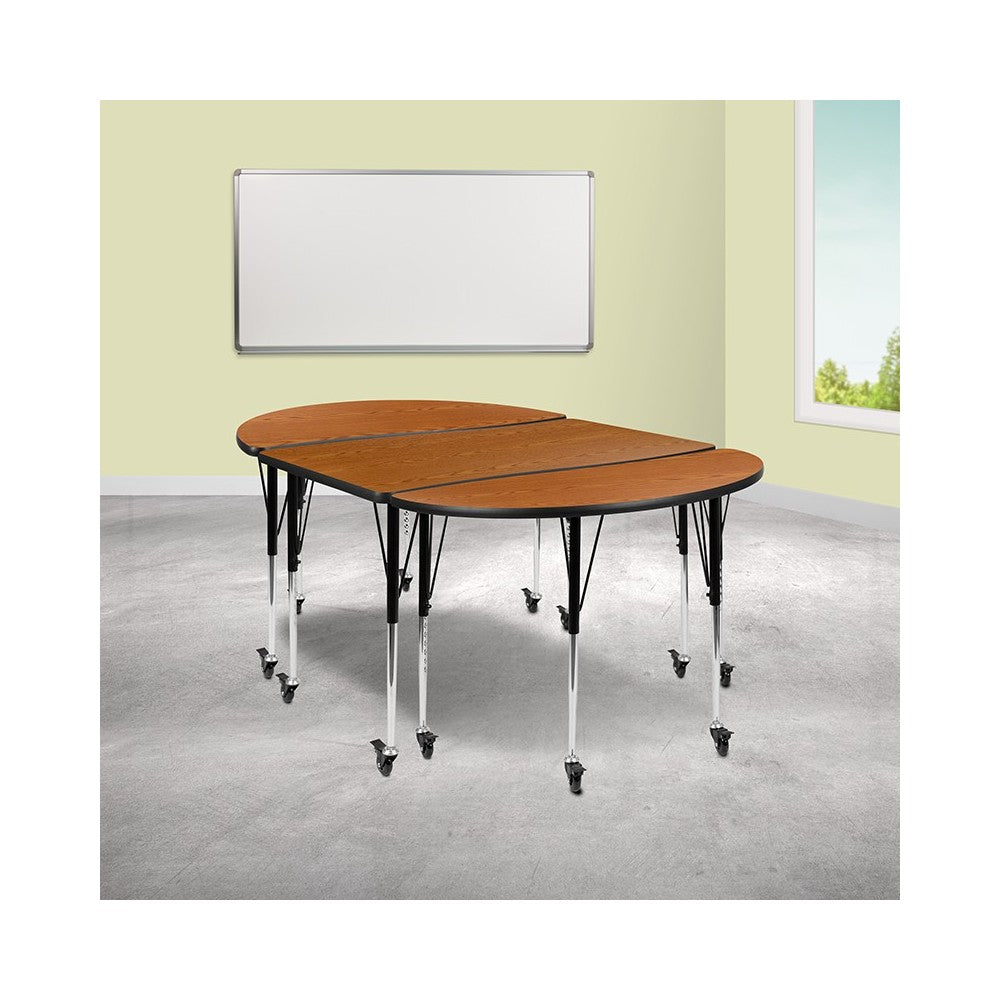 3 Piece Mobile 76" Oval Wave Collaborative Oak Thermal Laminate Activity Table Set-Standard Height Adjustable Legs