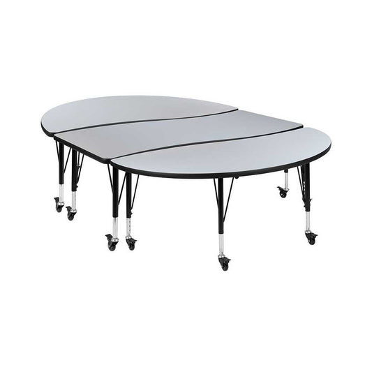 3 Piece Mobile 86" Oval Wave Collaborative Gray Thermal Laminate Activity Table Set - Height Adjustable Short Legs