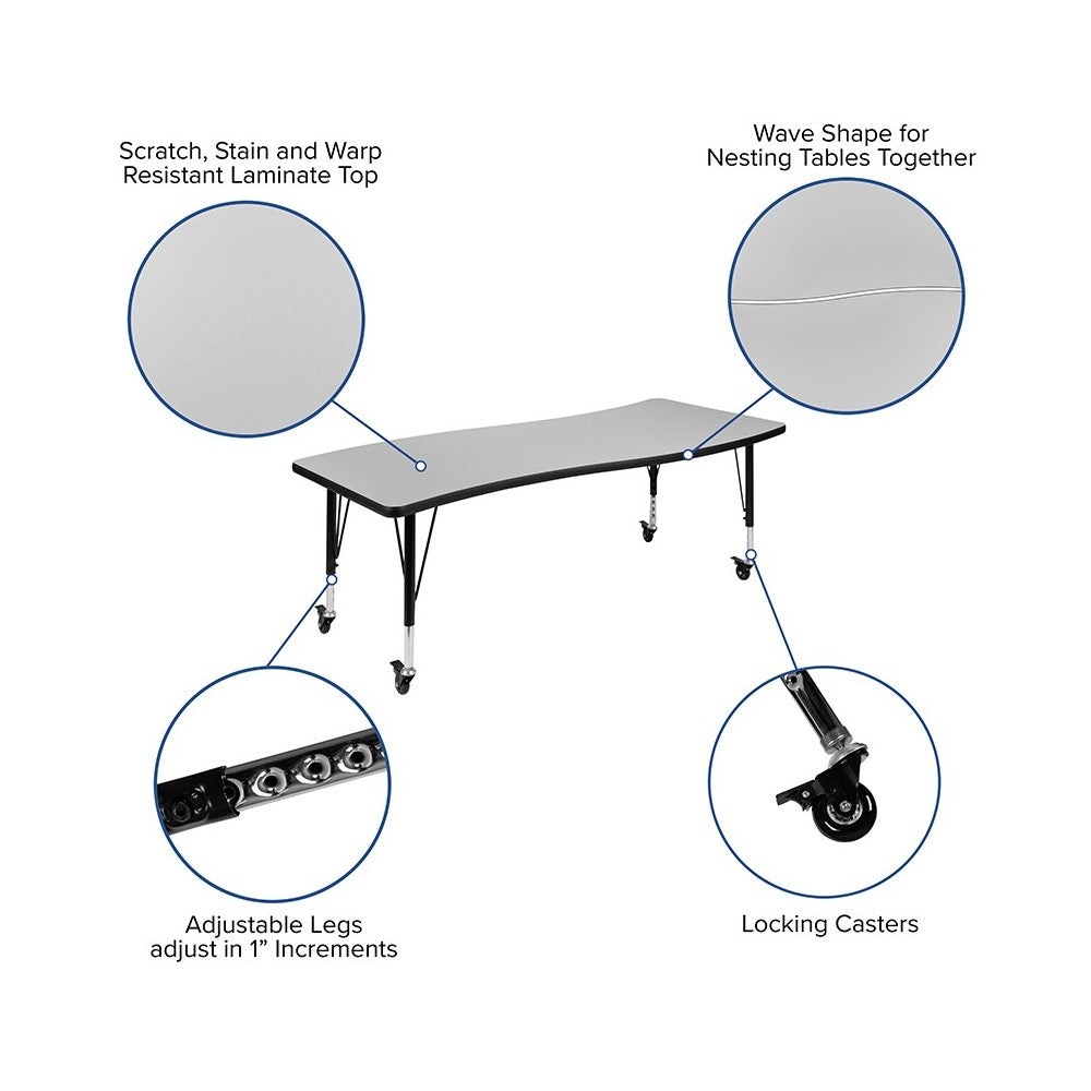 3 Piece Mobile 86" Oval Wave Collaborative Gray Thermal Laminate Activity Table Set - Height Adjustable Short Legs