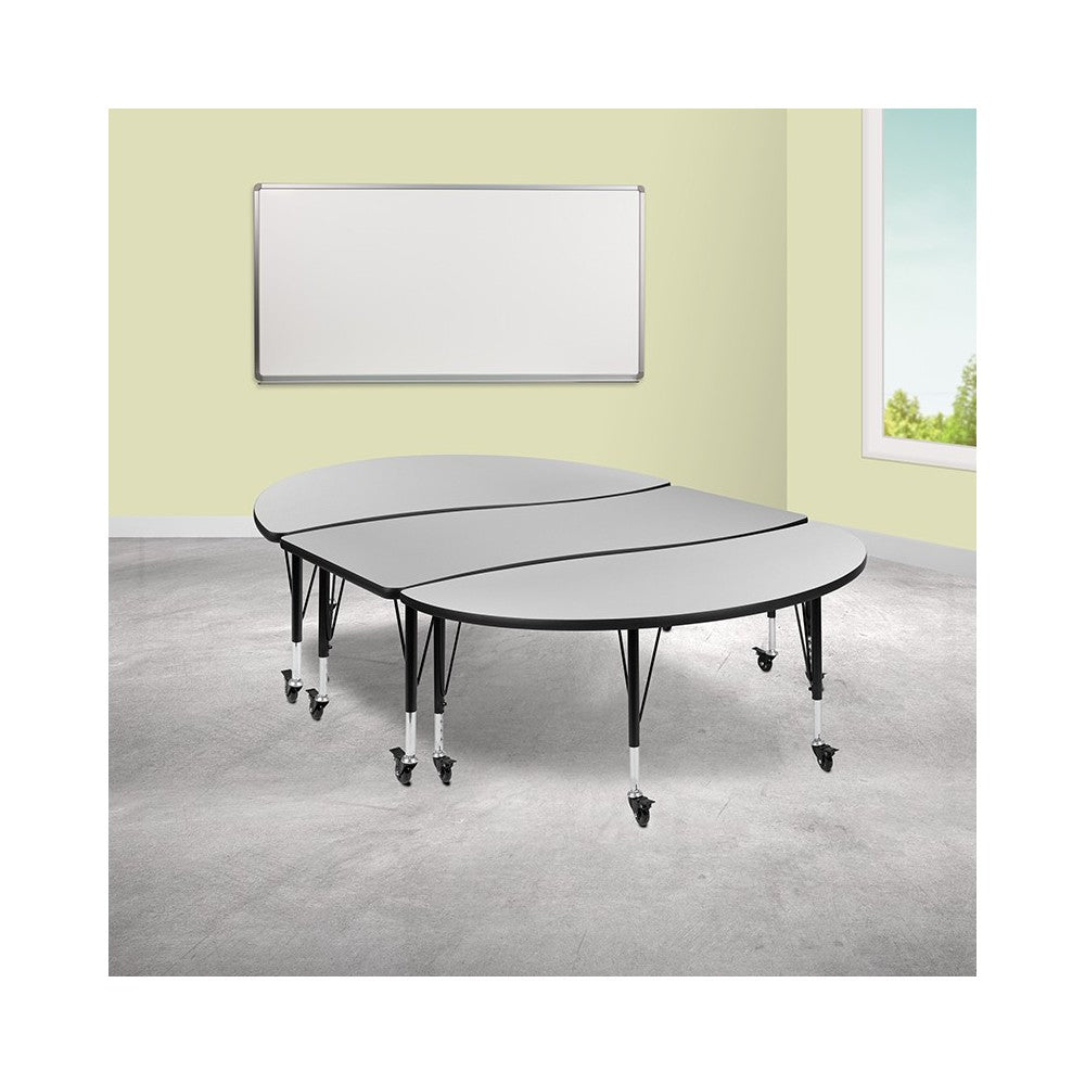 3 Piece Mobile 86" Oval Wave Collaborative Gray Thermal Laminate Activity Table Set - Height Adjustable Short Legs