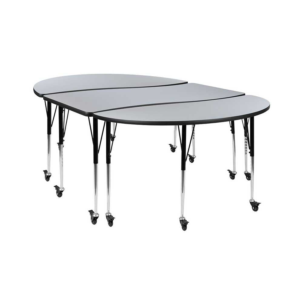 3 Piece Mobile 86" Oval Wave Collaborative Gray Thermal Laminate Activity Table Set-Standard Height Adjustable Legs