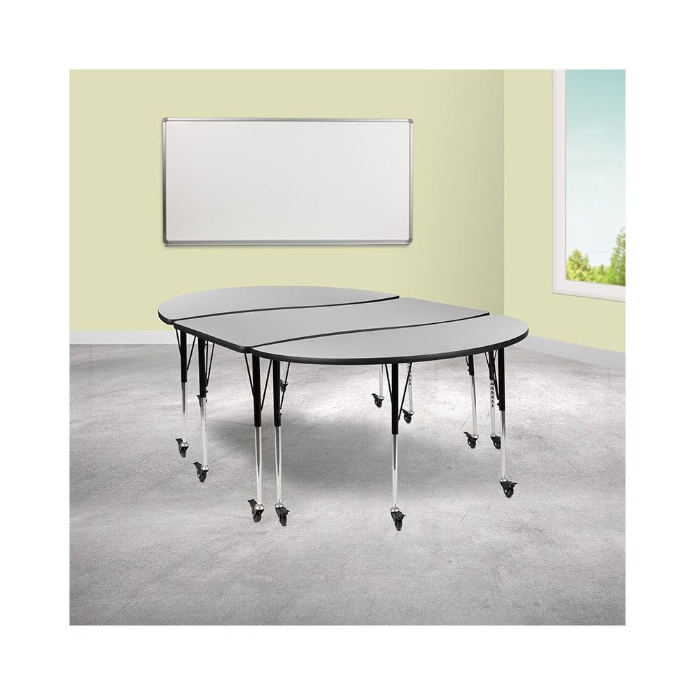 3 Piece Mobile 86" Oval Wave Collaborative Gray Thermal Laminate Activity Table Set-Standard Height Adjustable Legs