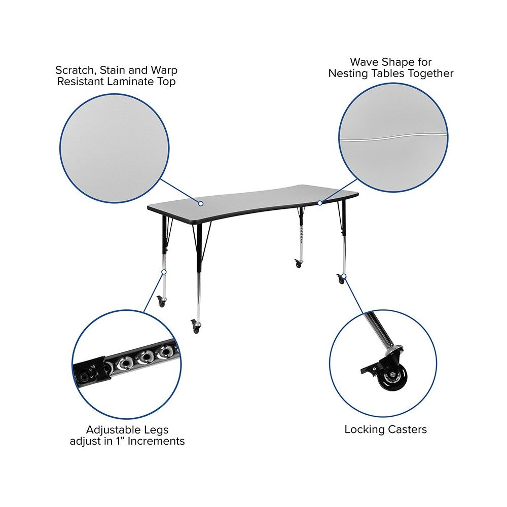 3 Piece Mobile 86" Oval Wave Collaborative Gray Thermal Laminate Activity Table Set-Standard Height Adjustable Legs