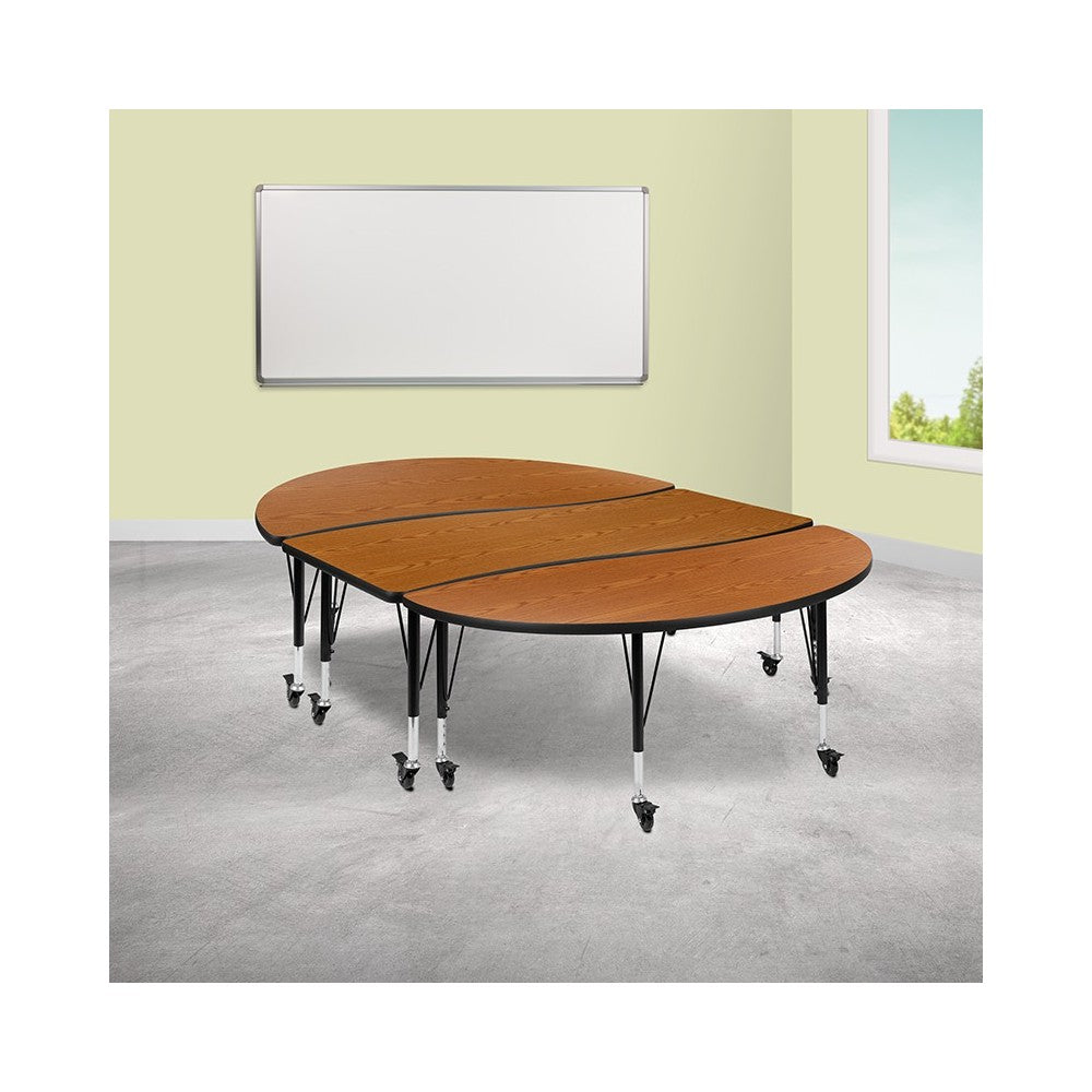 3 Piece Mobile 86" Oval Wave Collaborative Oak Thermal Laminate Activity Table Set - Height Adjustable Short Legs