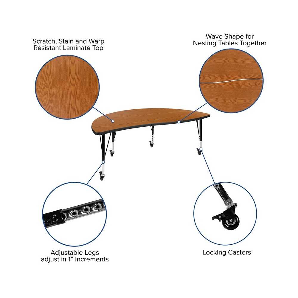 3 Piece Mobile 86" Oval Wave Collaborative Oak Thermal Laminate Activity Table Set - Height Adjustable Short Legs