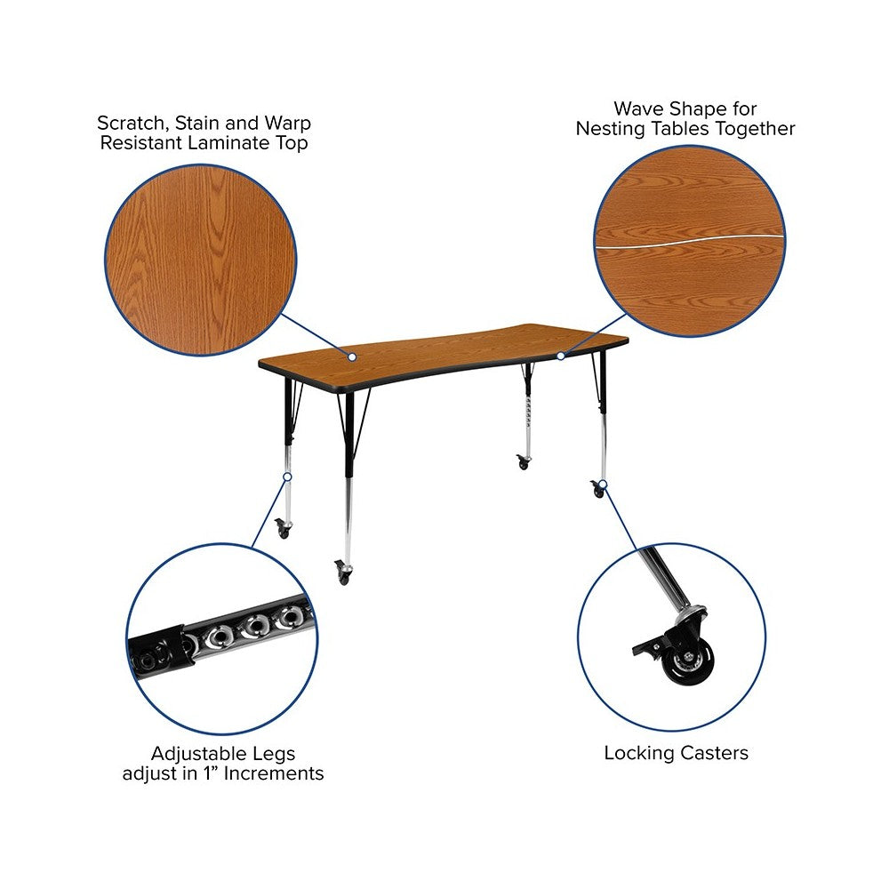 3 Piece Mobile 86" Oval Wave Collaborative Oak Thermal Laminate Activity Table Set-Standard Height Adjustable Legs