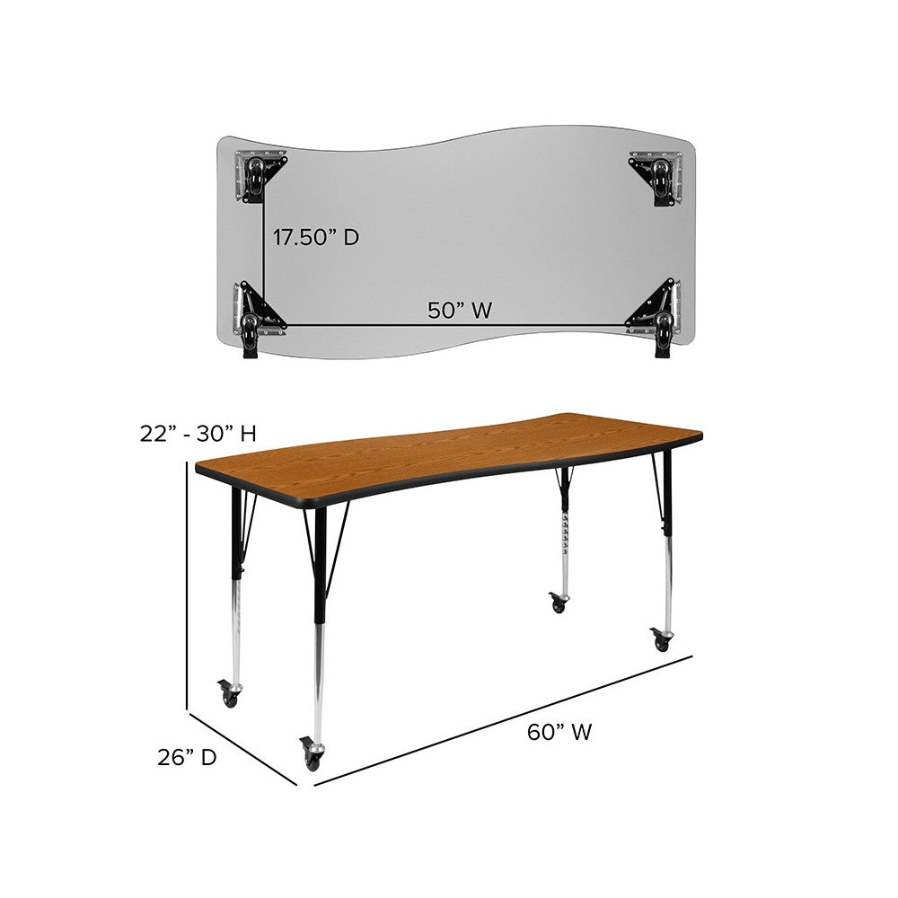 3 Piece Mobile 86" Oval Wave Collaborative Oak Thermal Laminate Activity Table Set-Standard Height Adjustable Legs