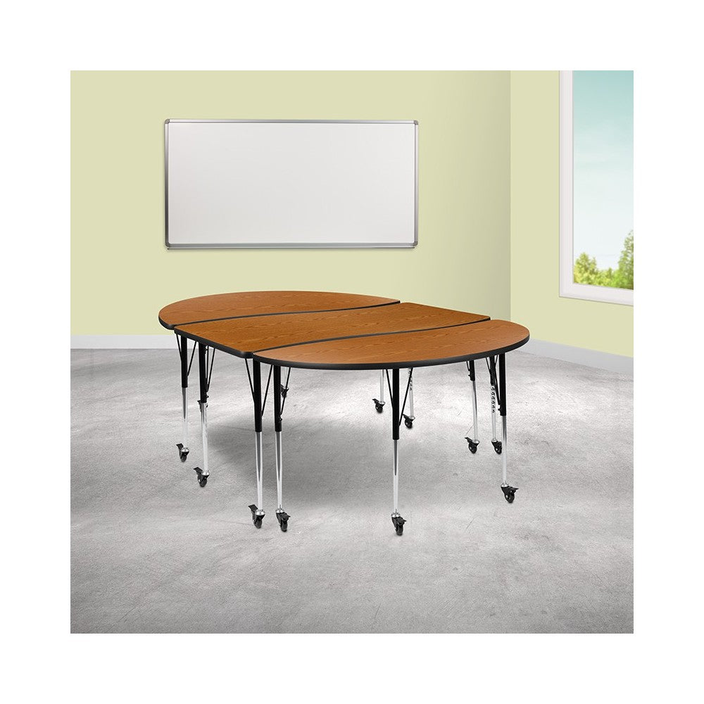 3 Piece Mobile 86" Oval Wave Collaborative Oak Thermal Laminate Activity Table Set-Standard Height Adjustable Legs