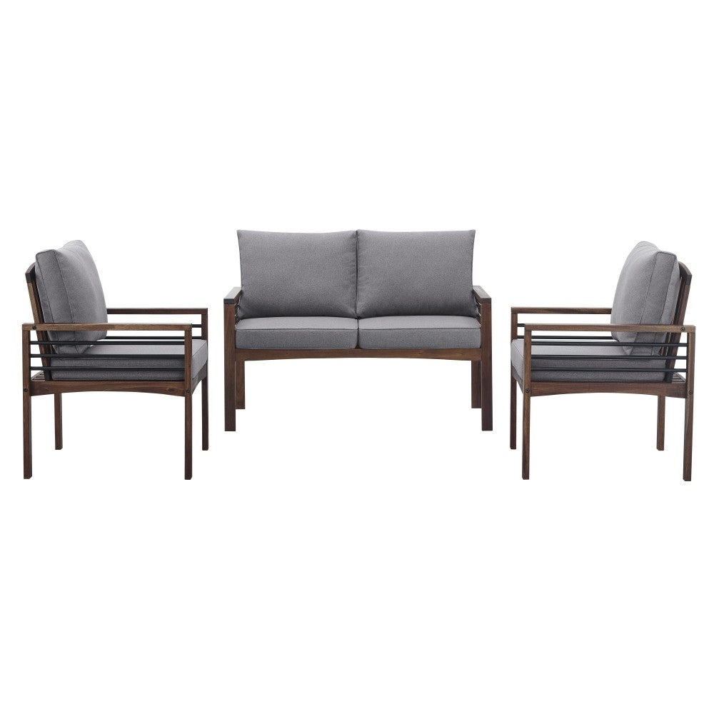 3-Piece Modern Wood and Metal Outdoor Patio Conversation Set - Gray/Dark Brown