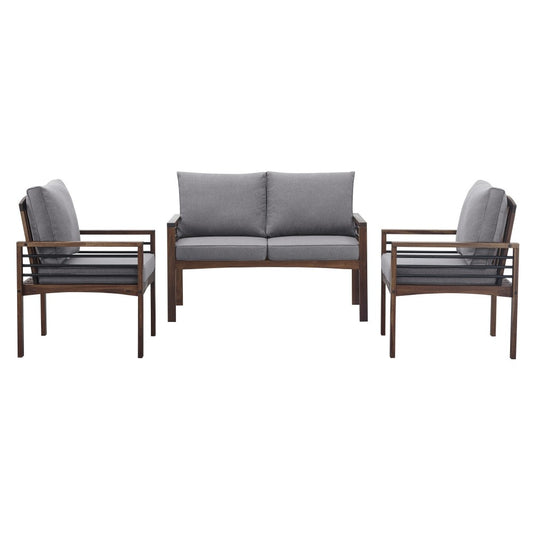 3-Piece Modern Wood and Metal Outdoor Patio Conversation Set - Gray/Dark Brown