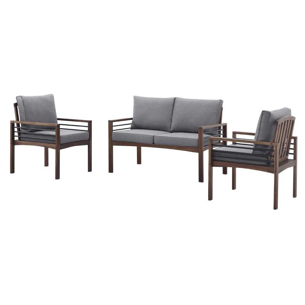 3-Piece Modern Wood and Metal Outdoor Patio Conversation Set - Gray/Dark Brown