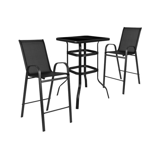 3 Piece Outdoor Glass Bar Patio Table Set with 2 Barstools