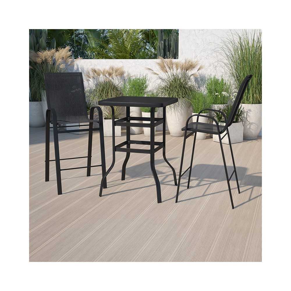 3 Piece Outdoor Glass Bar Patio Table Set with 2 Barstools