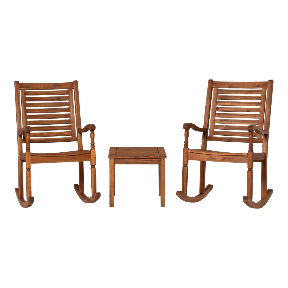 3-Piece Rocking Chair Outdoor Chat Set with Slatted Square Side Table - Brown
