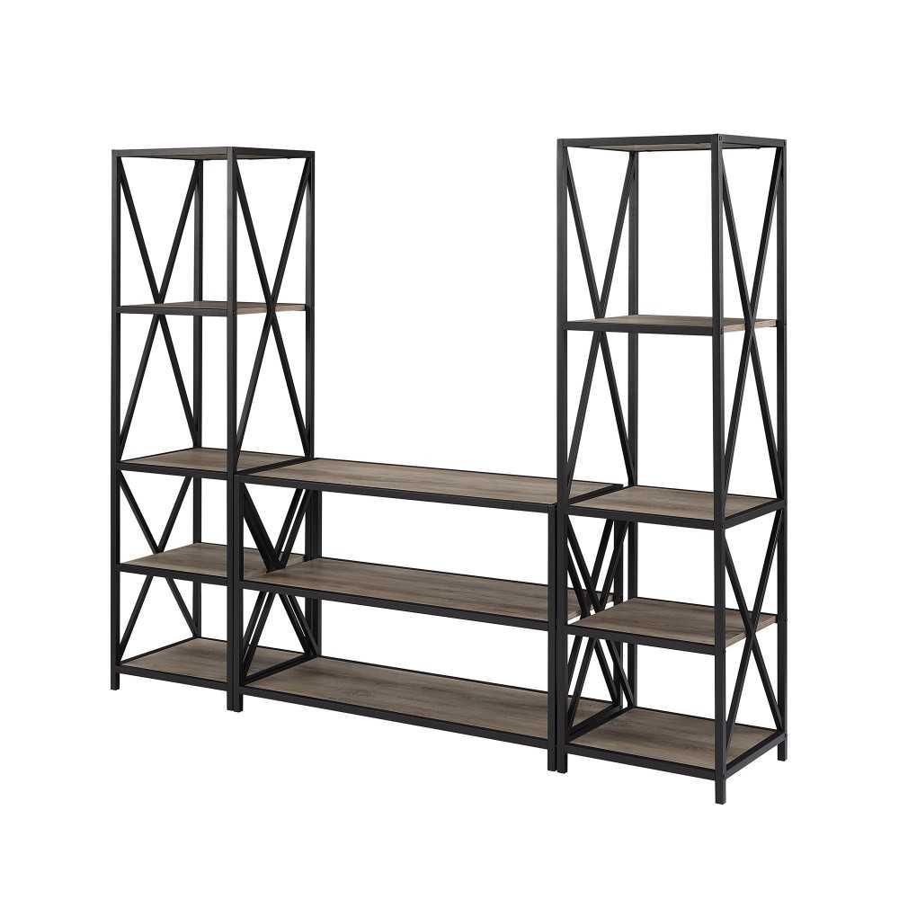 3-Piece Rustic Industrial Bookcase Set - Gray Wash