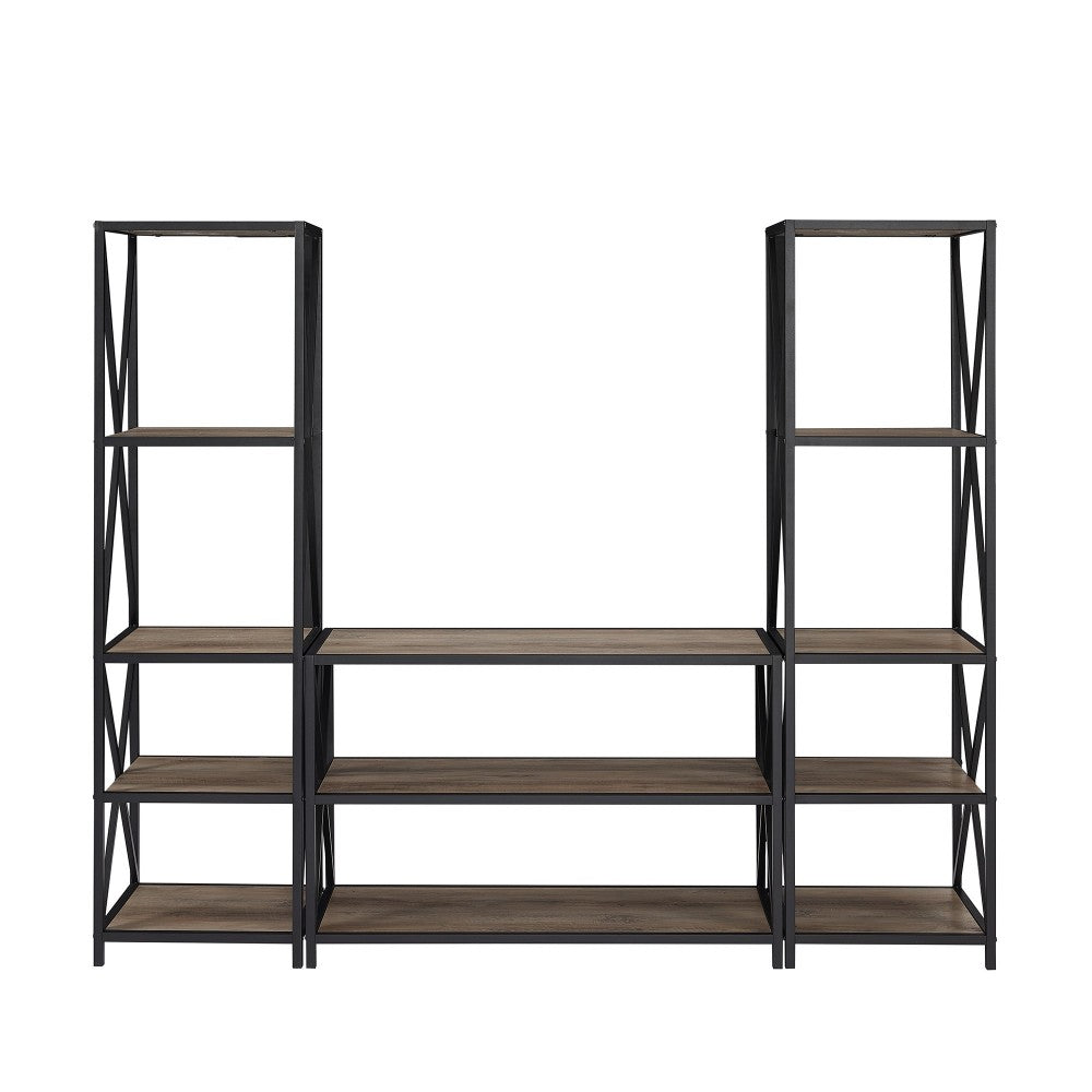 3-Piece Rustic Industrial Bookcase Set - Gray Wash