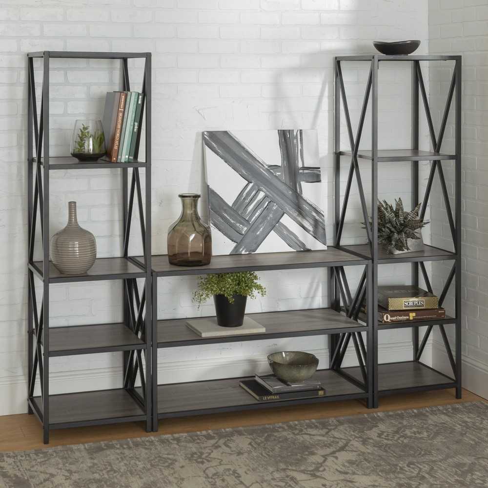3-Piece Rustic Industrial Bookcase Set - Driftwood