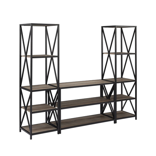 3-Piece Storage Wall with 40" X Console - Slate Gray/Black Metal