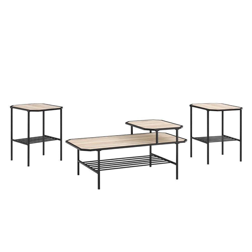 3 Piece Tiered Mixed Material Accent Table Set - Birch