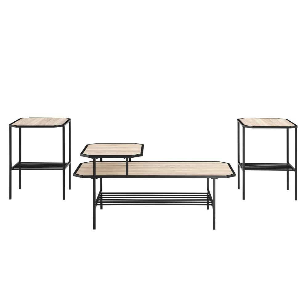 3 Piece Tiered Mixed Material Accent Table Set - Birch
