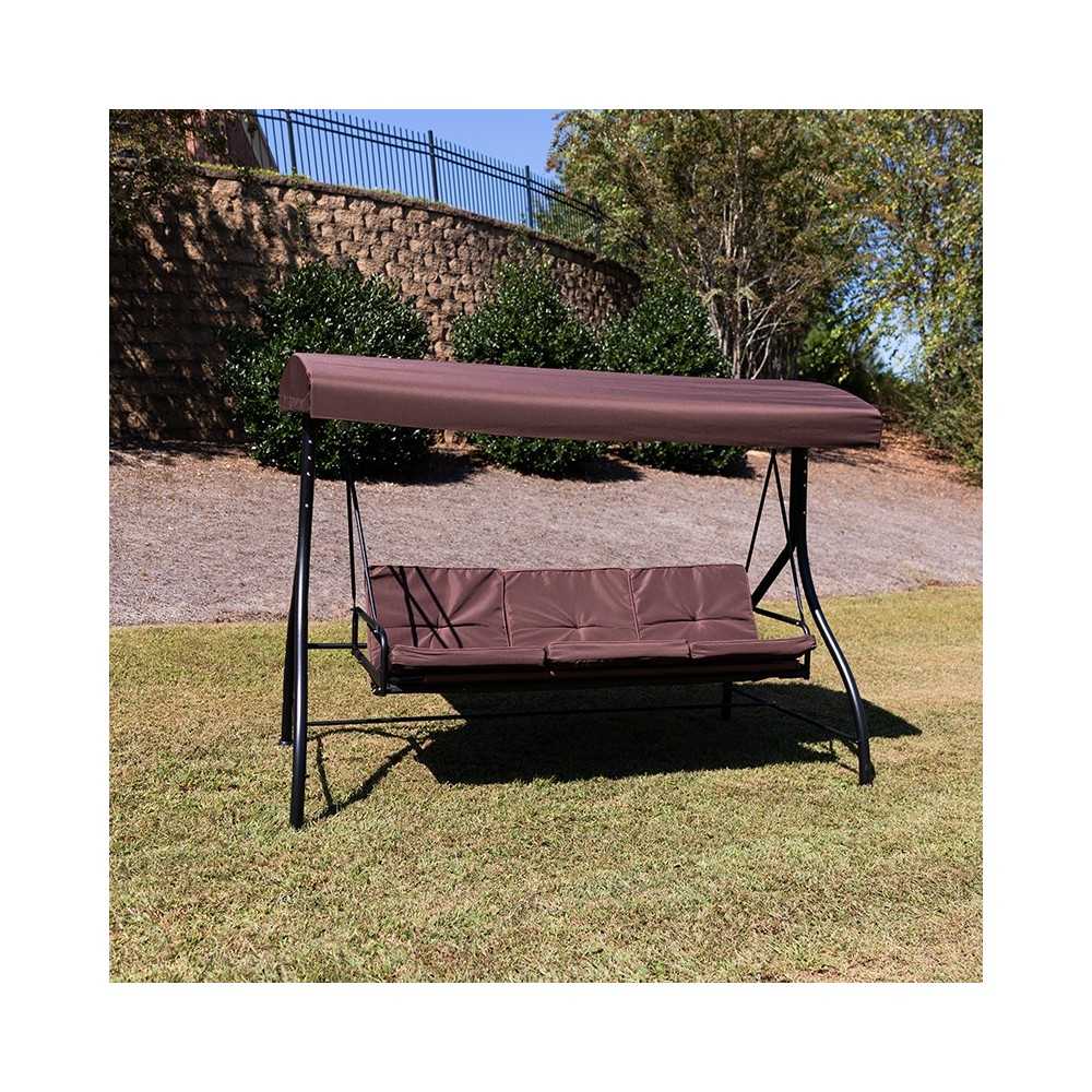 3-Seat Outdoor Steel Converting Patio Swing Canopy Hammock with Cushions / Outdoor Swing Bed (Brown)