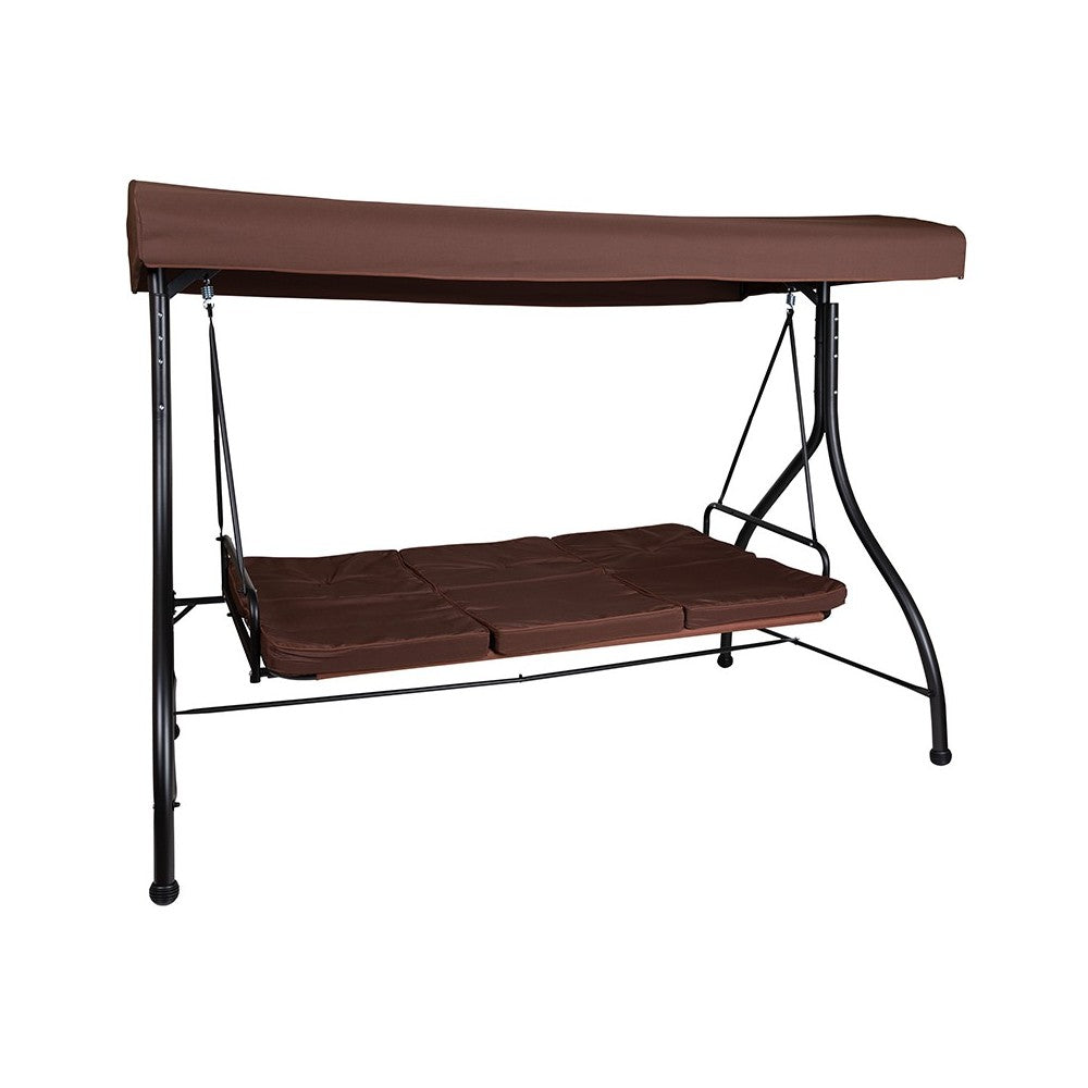 3-Seat Outdoor Steel Converting Patio Swing Canopy Hammock with Cushions / Outdoor Swing Bed (Brown)