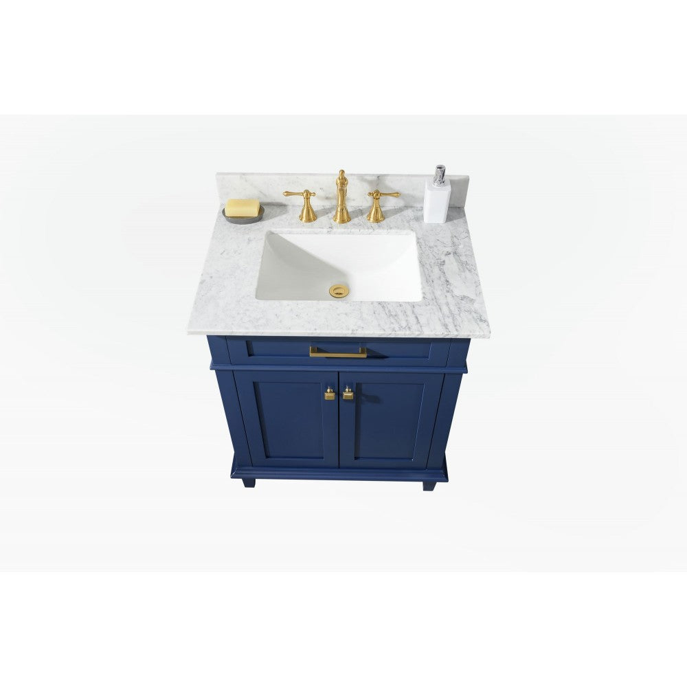 30" Blue Finish Sink Vanity Cabinet With Carrara White Top