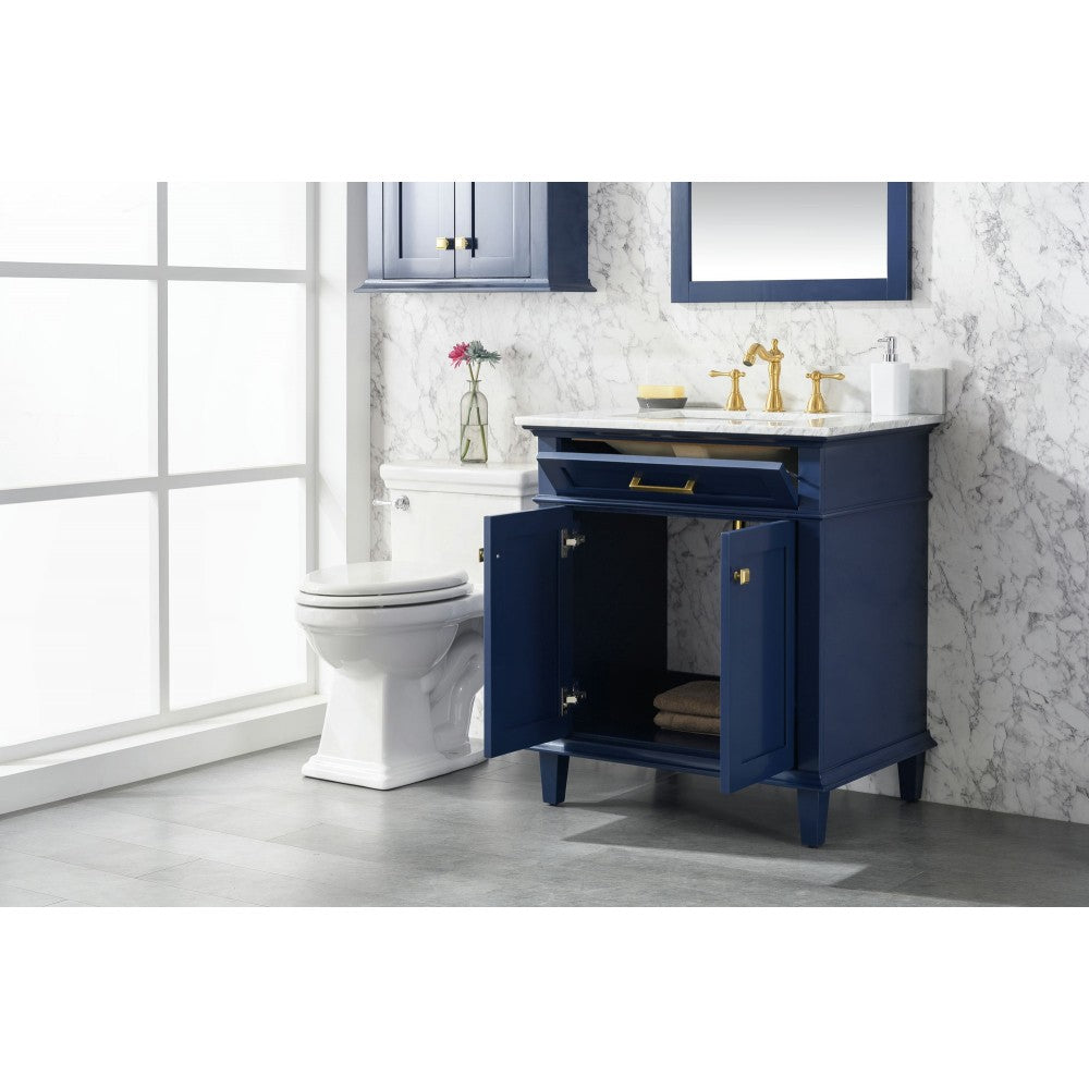 30" Blue Finish Sink Vanity Cabinet With Carrara White Top