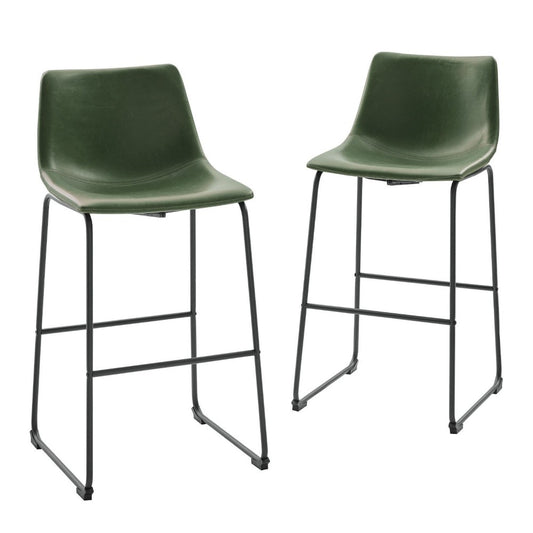 30" Contemporary Metal-Leg Faux Leather Barstool, Set of 2 - Green