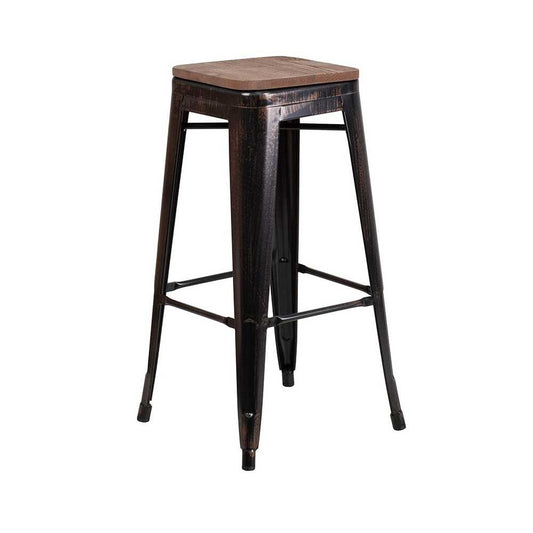 30" High Backless Black-Antique Gold Metal Barstool with Square Wood Seat