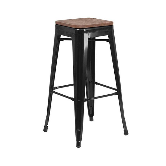 30" High Backless Black Metal Barstool with Square Wood Seat