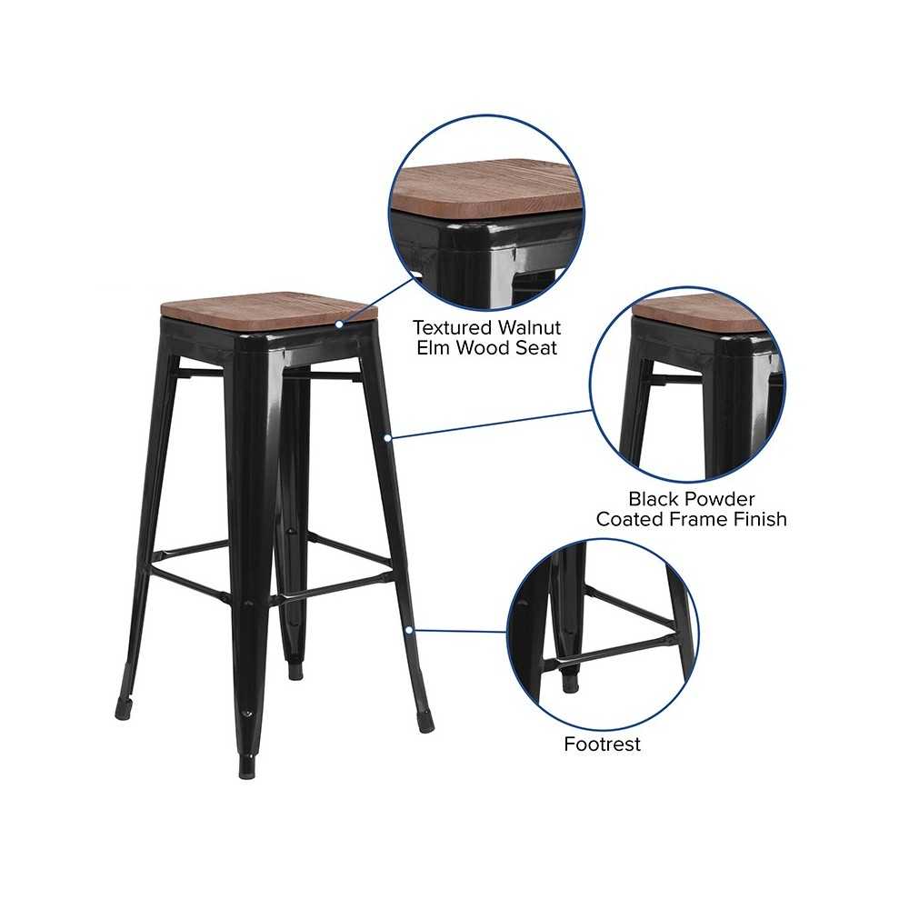 30" High Backless Black Metal Barstool with Square Wood Seat