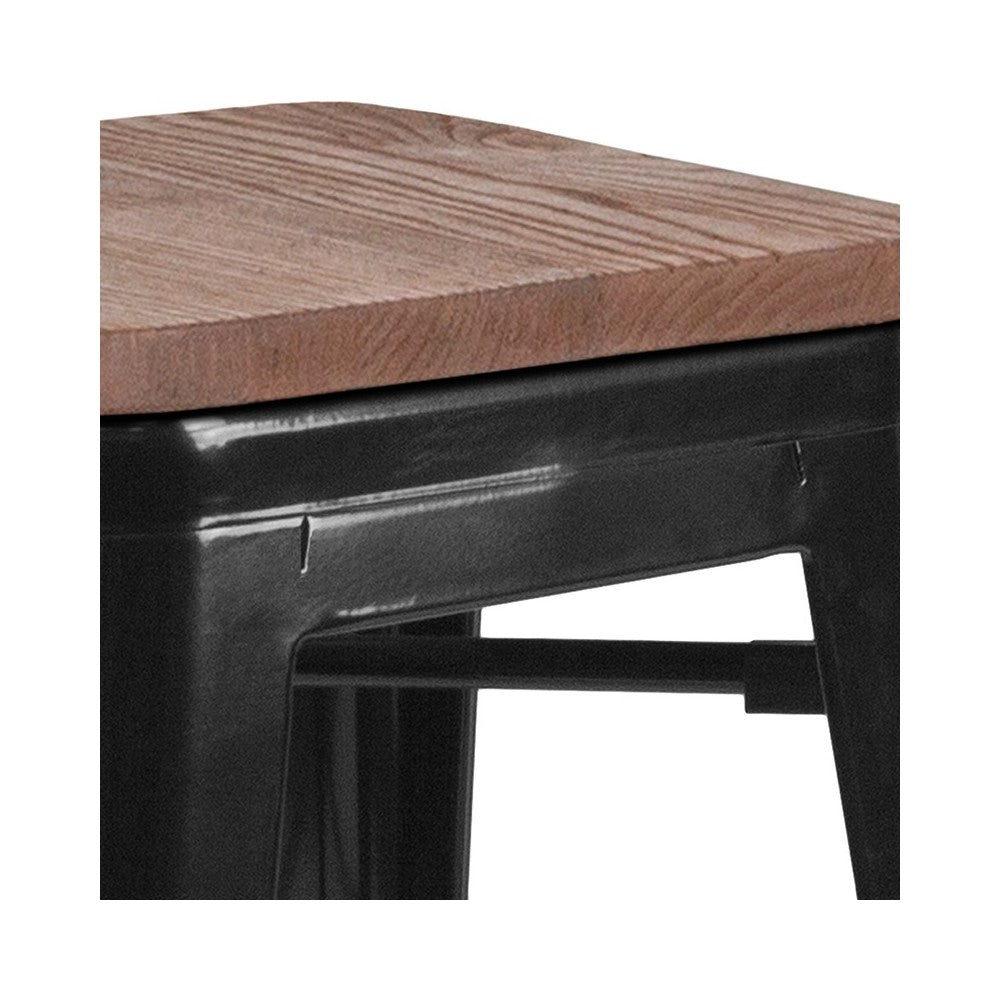 30" High Backless Black Metal Barstool with Square Wood Seat