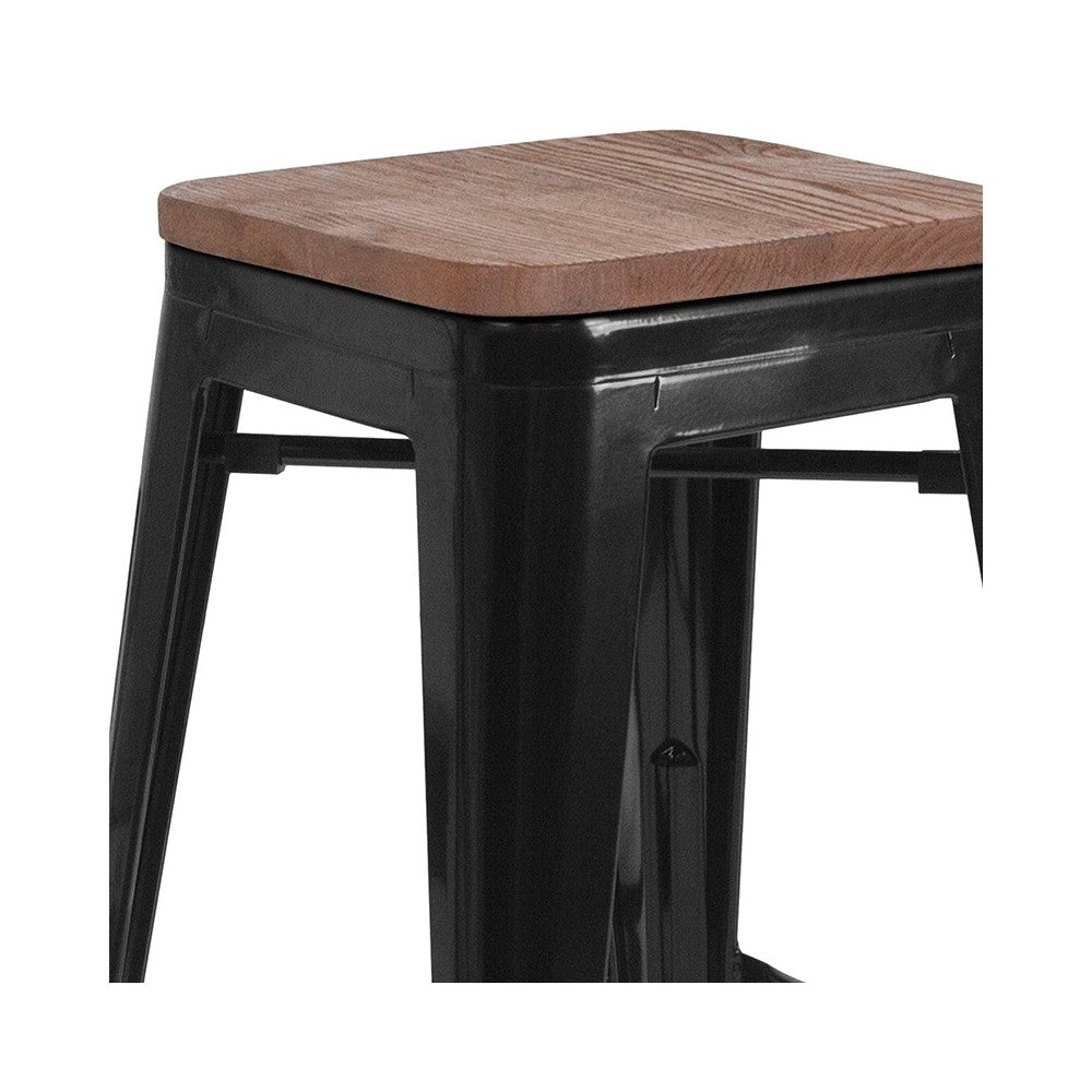 30" High Backless Black Metal Barstool with Square Wood Seat