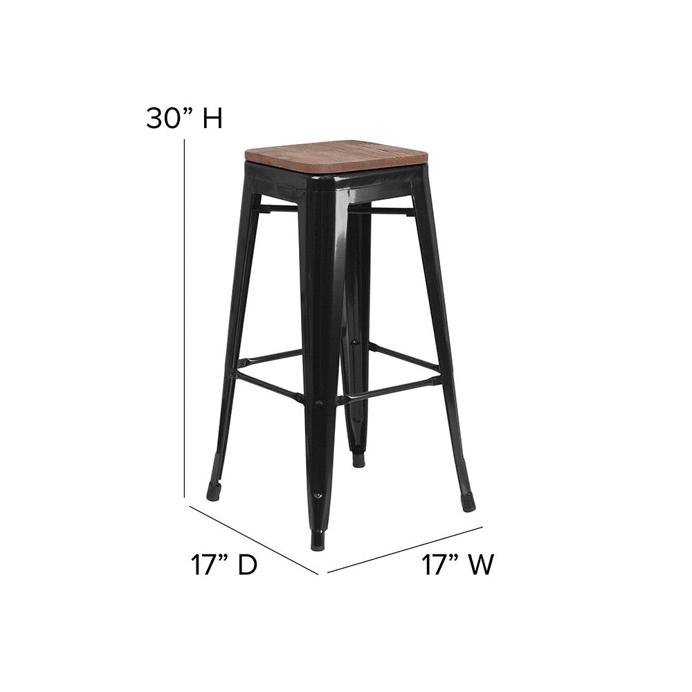 30" High Backless Black Metal Barstool with Square Wood Seat