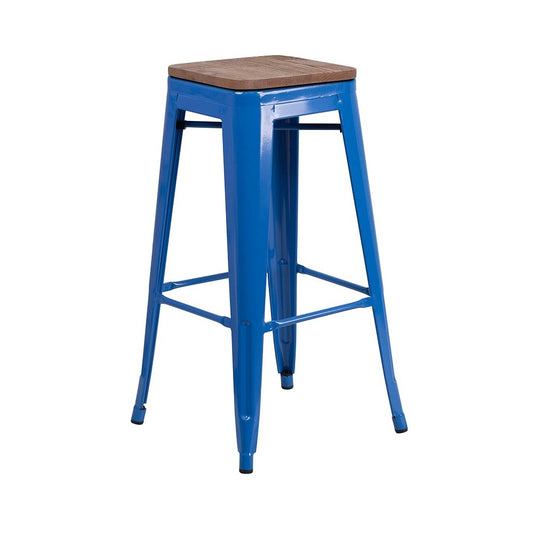 30" High Backless Blue Metal Barstool with Square Wood Seat