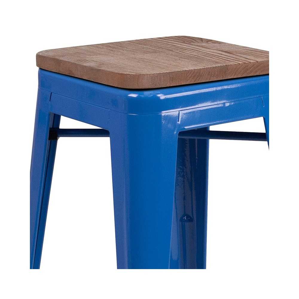 30" High Backless Blue Metal Barstool with Square Wood Seat