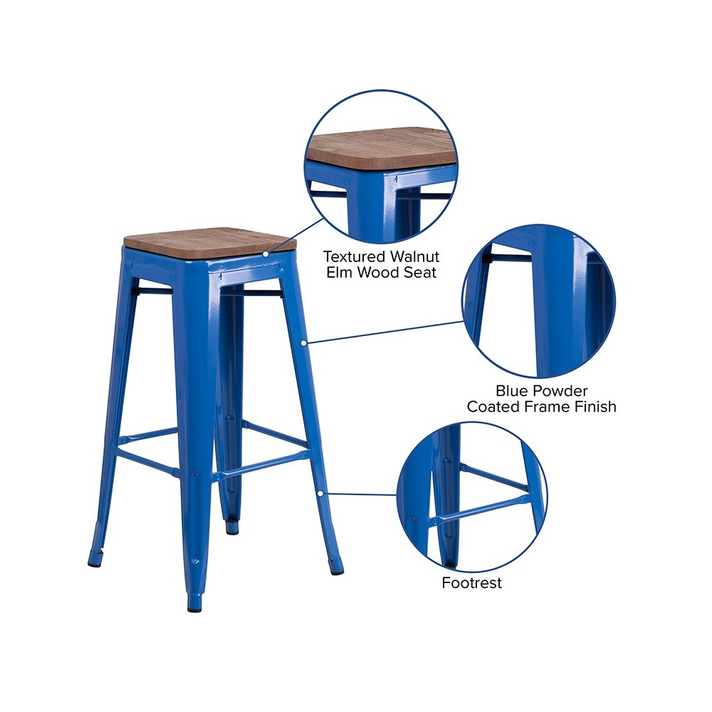 30" High Backless Blue Metal Barstool with Square Wood Seat