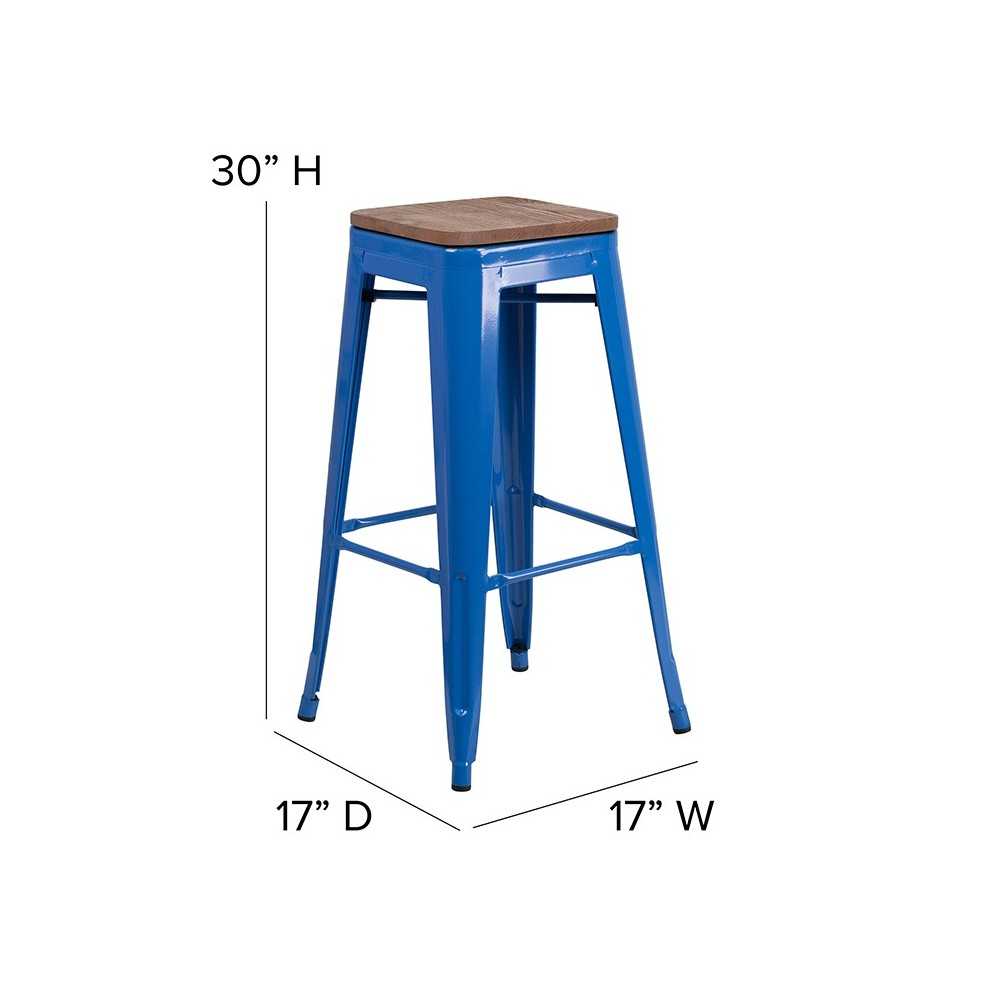 30" High Backless Blue Metal Barstool with Square Wood Seat