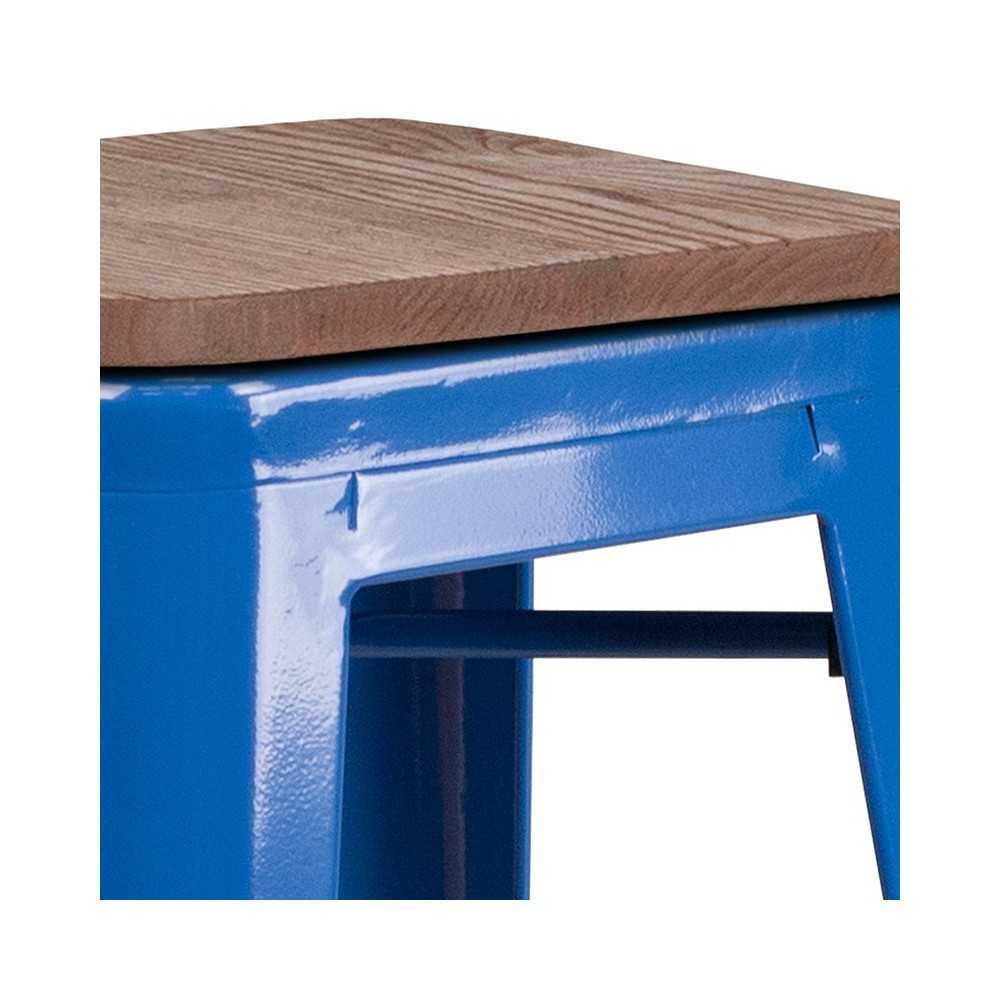 30" High Backless Blue Metal Barstool with Square Wood Seat