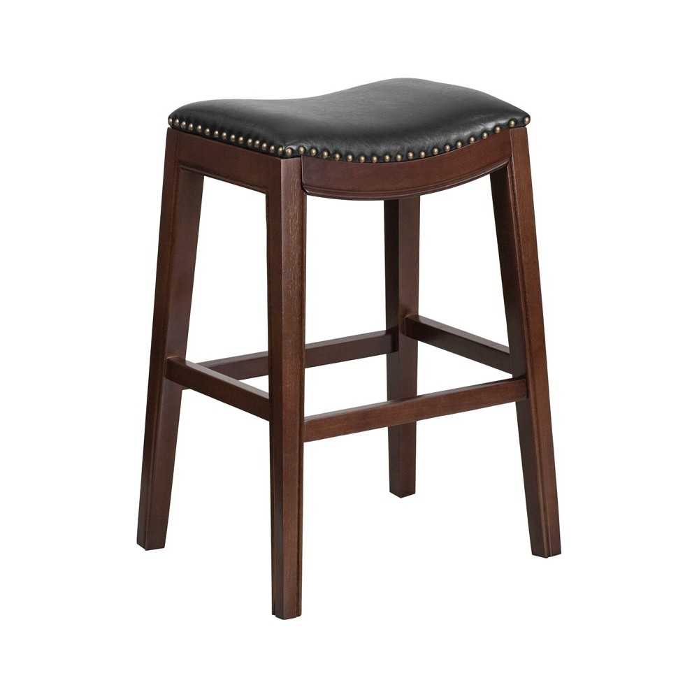 30'' High Backless Cappuccino Wood Barstool with Black LeatherSoft Saddle Seat