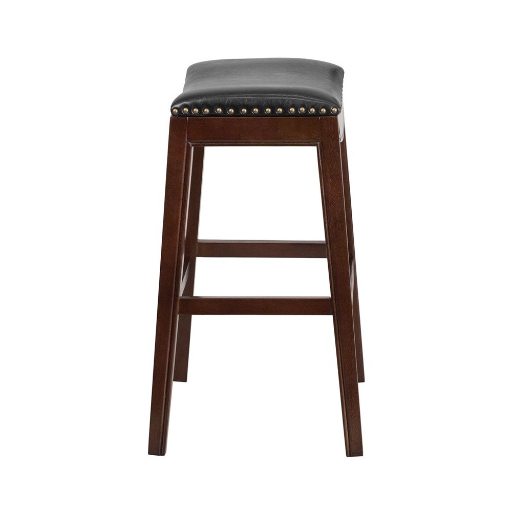 30'' High Backless Cappuccino Wood Barstool with Black LeatherSoft Saddle Seat