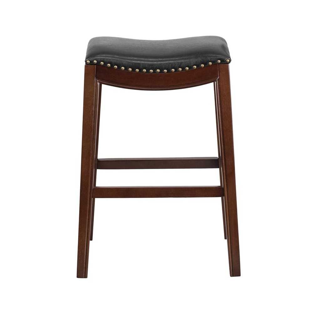 30'' High Backless Cappuccino Wood Barstool with Black LeatherSoft Saddle Seat